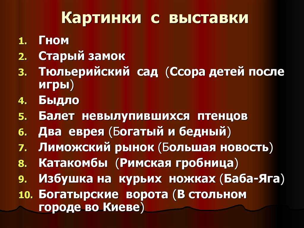 Чьи работы вдохновили м мусоргского на создание картинок с выставки