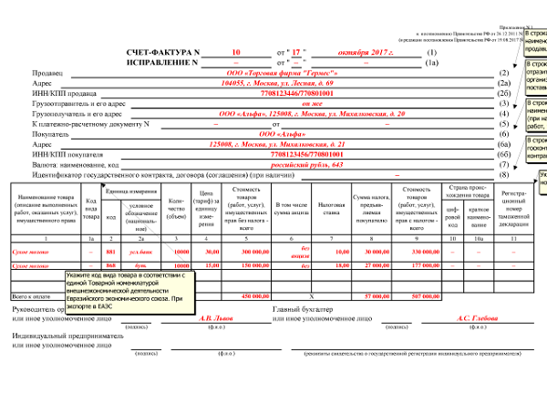 Рнпт образец заполнения счета фактуры